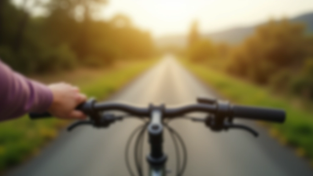 Close-up of cyclist's hands on drop bar handlebars with scenic countryside road ahead