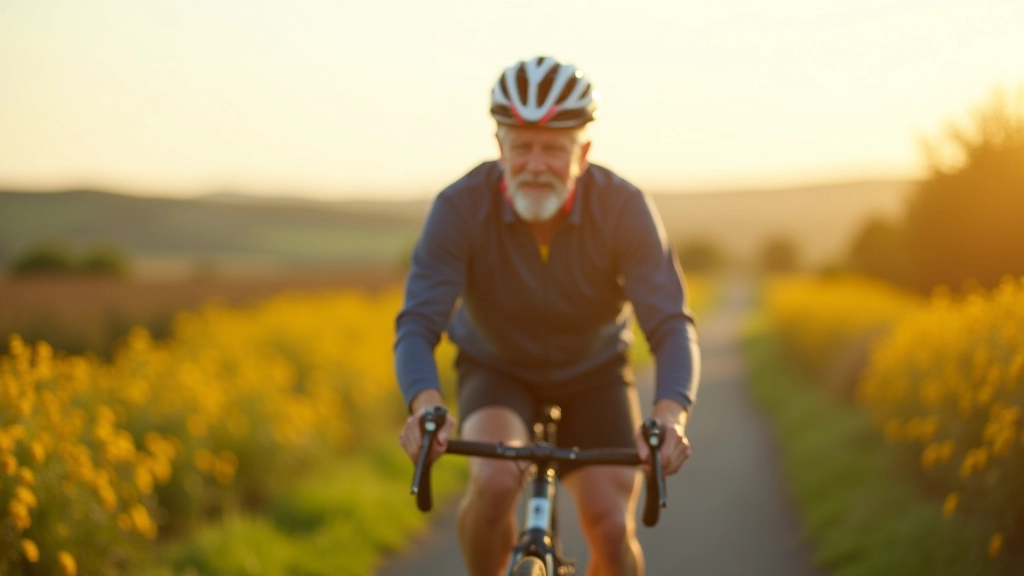 Cyclist riding along a peaceful greenway with wildflowers on both sides of the path