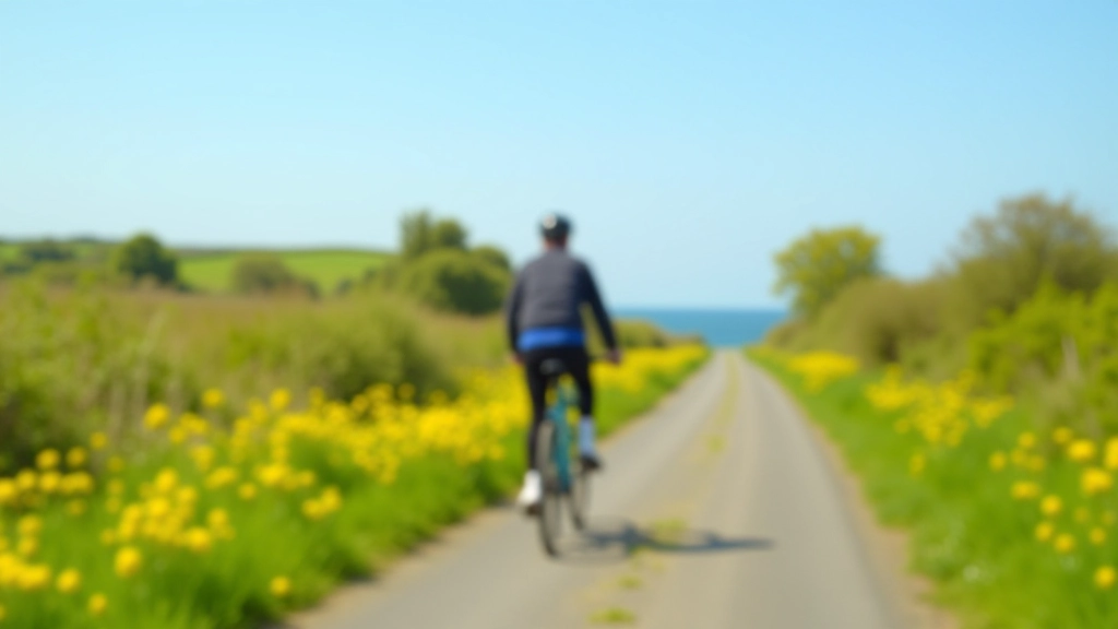 Cyclist on the greenway in spring with blooming wildflowers along the path edges and blue sky overhead