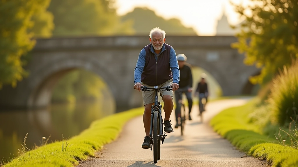 Cyclists riding on well-maintained towpath with historic stone bridge and water canal