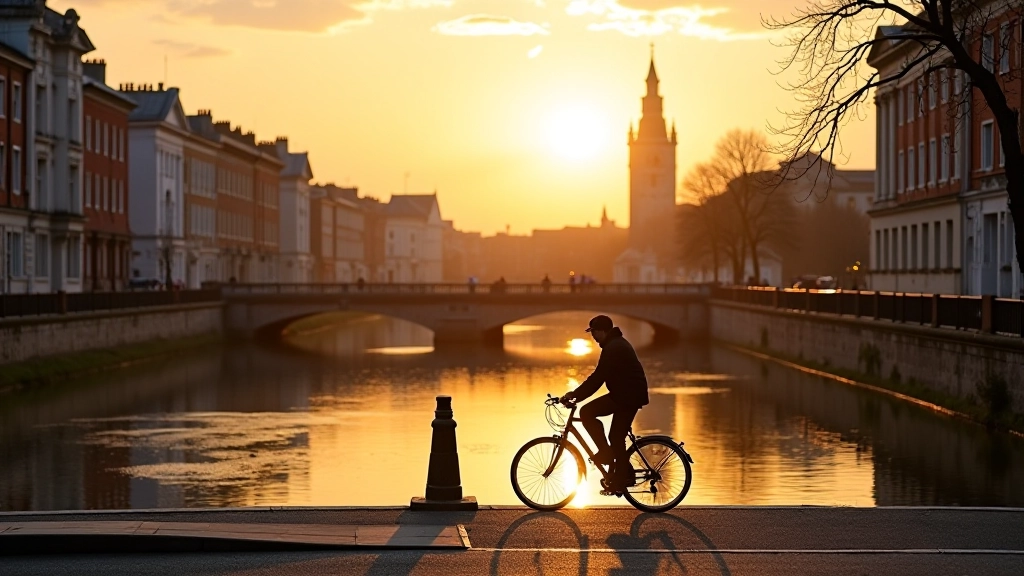 Dublin cityscape with historic buildings visible from canal path at sunset
