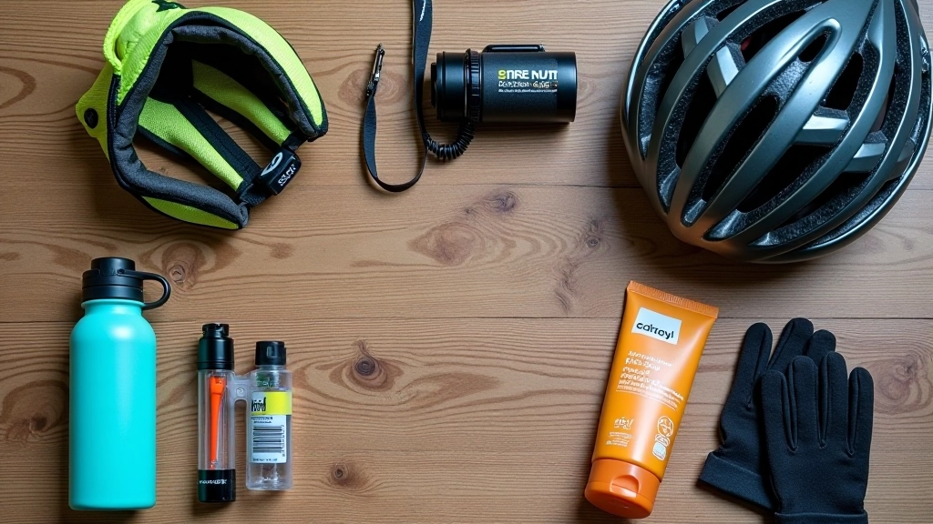 Laid out cycling gear including helmet, water bottle, small repair kit, sunscreen, and cycling gloves on a wooden surface