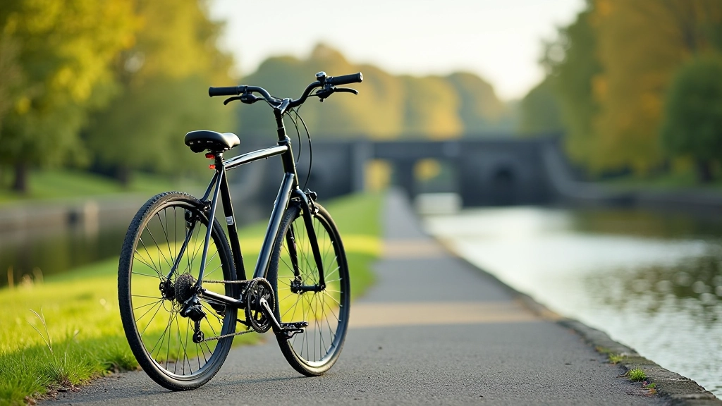 Close-up of hybrid bike on canal towpath with lock gates visible in background