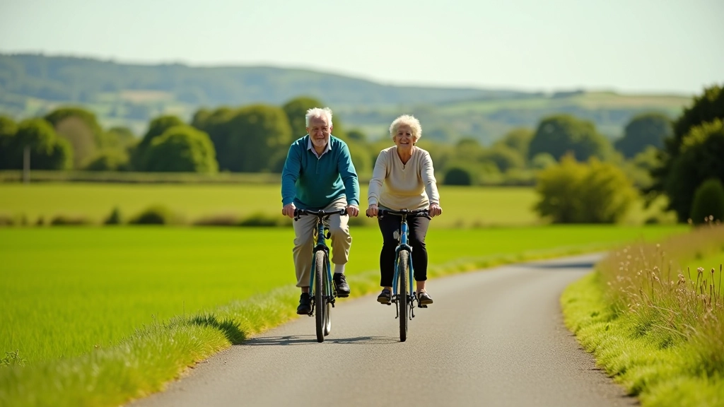 Retired cyclists enjoying a peaceful greenway ride through lush Irish countryside