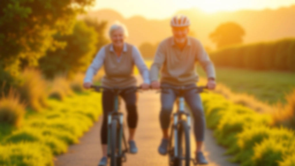 Retirees enjoying a leisurely bike ride on an Irish greenway with rolling countryside in the background