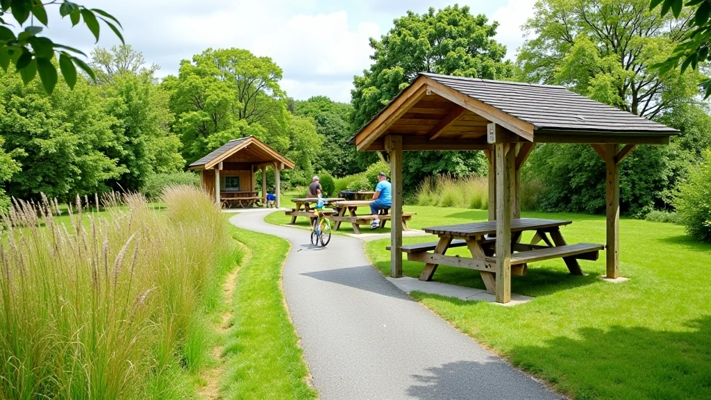 A picnic area along the greenway with wooden tables, shelter structure, and grassy surroundings