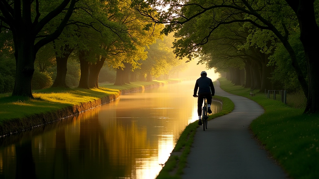 Peaceful canal water with reflections of overhanging trees and towpath stretching into distance