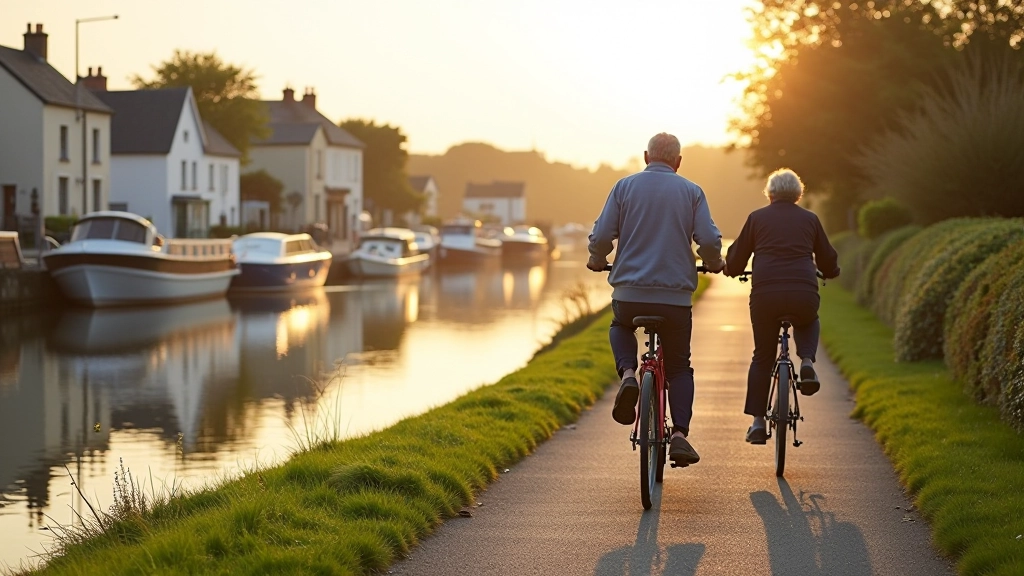 Waterfront cycling path along a river with boats moored nearby