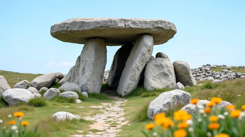 Ancient stone dolmen structure surrounded by limestone pavement landscape
