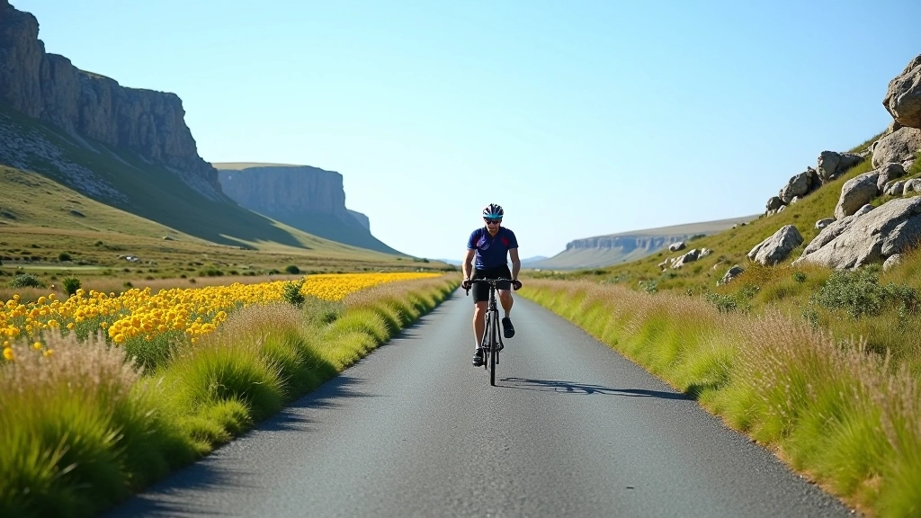 Quiet country road through the Burren with limestone hills on both sides