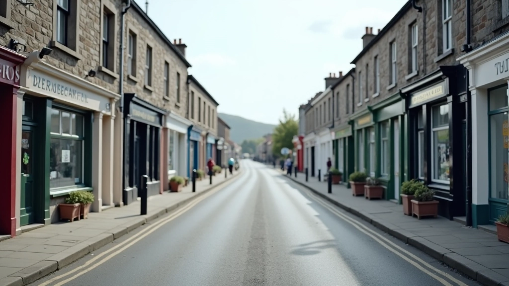 Charming village street with traditional Irish buildings and small shops along a main street